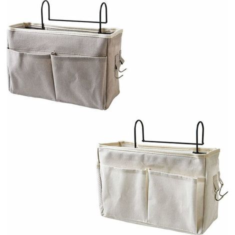 Poche de lit,Triomphe 2 Pièces Panier de Lit Chevet Suspendu,Organisateur Etagere Lit en Toile Imperméable, Sac de Rangement Lit Chevet Suspendu, pour Livres, Téléphone, Revues, Etc (Gris, Blan (1/4)