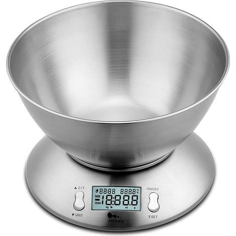 Balance de cuisine en acier inoxydable avec bol amovible 2L, capacité 5kg, fonction tare et écran LCD (1/5)