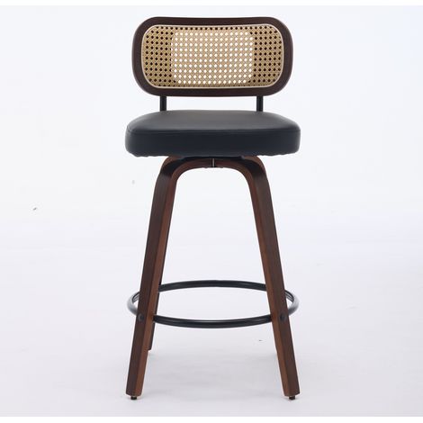 Ensemble de 3 tabourets de bar hauteur comptoir en noyer avec dossier en rotin et siège rembourré, pivotants, couleur noyer noir (1/5)