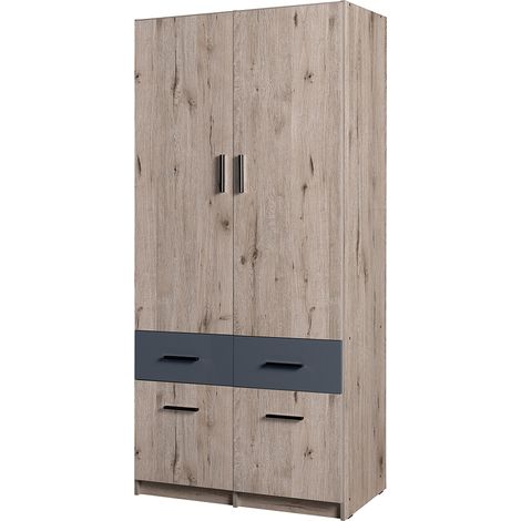 Kleiderschrank 2-türig, 92cm breit, Eiche mit graphit, SELAWIK-166 (1/5)