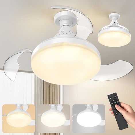 Ventilateur de Plafond avec Lumière et Télécommande, Ventilateur de Plafond LED Dimmable 40 cm, Pales Cachées, 4 Vitesses, Culot E27, Silencieux, Pour Salon, Chambre [Classe énergétique A] (1/5)