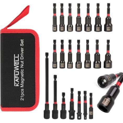 Jeu de 21 tournevis à écrou magnétique, jeu d'embouts de perceuse à percussion 1/4", tailles métriques et SAE, adaptateur de douille à impact, porte-embout à dégagement rapide avec sac de rangement