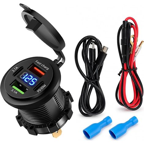 Chargeur USB Camping Car 4 Ports avec Affichage Numérique de Tension 12V/24V Double USB-C PD 30W & Double USB-A, Prise USB Encastrable pour Van Bateau Camion Véhicule Aménagé (1/5)