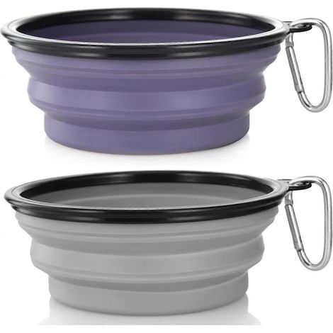 Gamelles pliables chiens/chats lot de 2 portables nourriture/eau, promenades/voyages, 2 mousquetons inclus, grand modèle violet et gris béton (1/5)