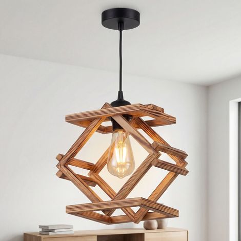 Hängelampe Metall Holz H: max. 130 cm Schwarz geflammtes E27 eckig Modern Hängeleuchte