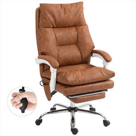 Fauteuil de bureau ergonomique simili cuir marron, soutien lombaire gonflable, dossier inclinable jusqu'à 135° avec repose-pieds (1/5)