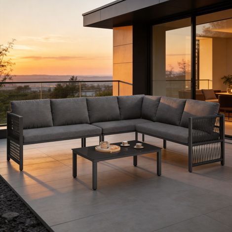 5-6 Seater Garden Furniture Set with Tempered Glass Coffee Table, L-Shaped Corner Sofa with Polyester Rope, Weatherproof Outdoor Patio Dining Lounge Set for Balcony and Terrace, Linen, Grey