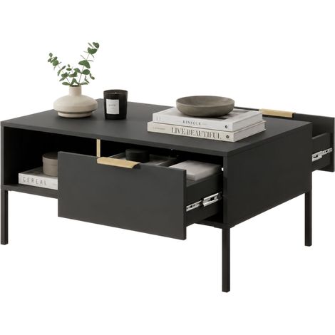 Couch-Tisch Karo, 2 Schubladen, mit Füßen, ein Fach, 97x60x44h cm Anthrazit-Schwarz