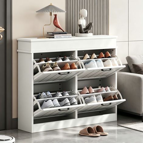 Schuhschrank 105x24x83 cm Weiß MDF mit 4 Klapptüren, 8 Fächern, schwarzen Griffen und platzsparendem Design (1/5)