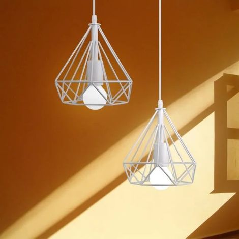 U-do Lot de 2 Pendantif Luminaire Moderne en Cage Diamant Lustre Suspesnion Vintage Industriel en Métal Blanc (1/4)