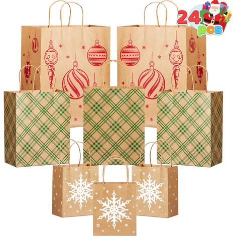 Lot de 24 sacs cadeaux de Noël en papier kraft de tailles assorties, sacs d'emballage réutilisables avec poignées pour fête, anniversaire, festival, salle de classe, friandises, bonbons et
