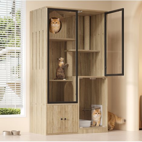 Casa interior para gatos de MDF y vidrio, 90 x 50 x 160 cm, natural OKMYHOME (1/5)