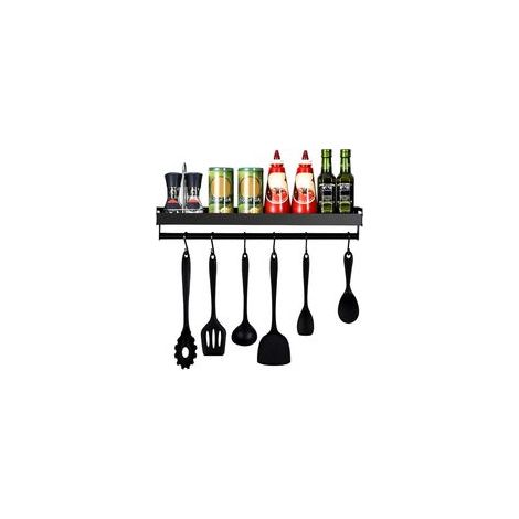 Étagère de cuisine murale sans perçage avec 6 crochets amovibles, noire – (1/5)