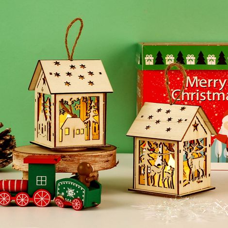 Maison En Bois - Ornements De Noël Avec Led - Pour Arbre De Noël Table Ou Décoration Intérieure - 9 X 6.5 X 6.5 Cm - 1 Pièce (1/5)