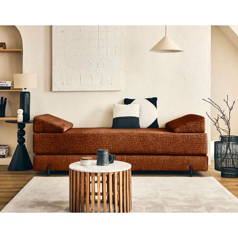 Bestmobilier – Banquette 3 places convertible en tissu velours relief – Couchage occasionnel – Largeur du couchage 168 cm – Style contemporain – Couleur terracotta (1/5)