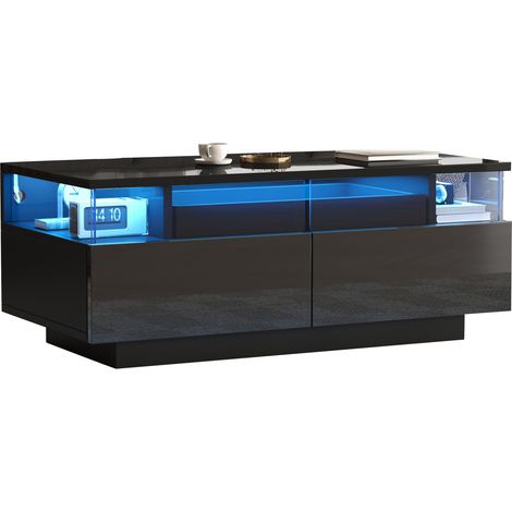 Table basse LED avec 2 tiroirs, plateau amovible, verre trempé et finition noir brillant, 90 x 45 x 35,5 cm pour salon moderne  CHICFURN (1/5)