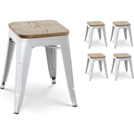 Kosmi – Lot de 4 tabourets en métal blanc mat style industriel – Assise en bois clair – Hauteur 46 cm – Pour tables de 65 à 76 cm