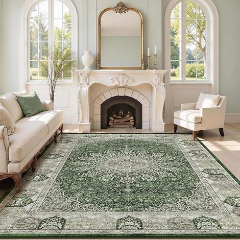 Tapis Vintage pour Salon 120x180 cm - Tissu Ras Court Doux, Lavable en Machine et Antidérapant, Oriental Salle à Manger, Chambre à Coucher et d'enfants, Vert (1/4)
