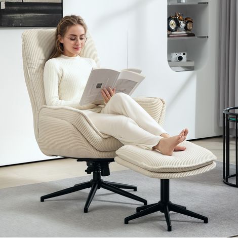 Relaxsessel mit Hocker 80x58x58 cm beige aus Polyester mit 360°-Drehfunktion und Liegefunktion