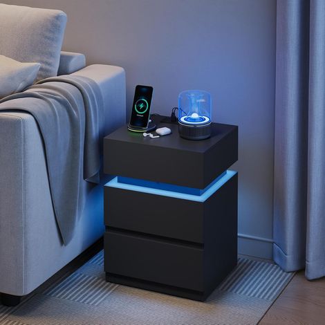 WOLTU 1x Bedside Table with Charging Station, 2 Drawers and LED Lights, Nightstand with 2 Sockets, 1 USB Port and 1 Type-C Port, Storgae Cabinet for Bedroom Living Room Black