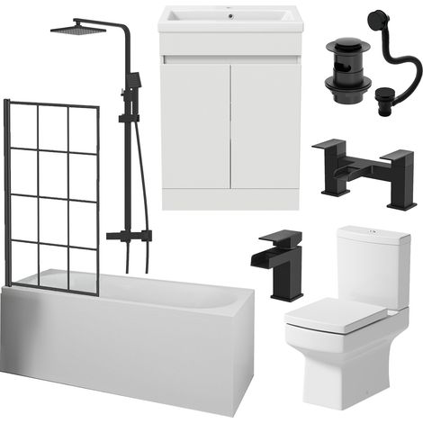 Aquari Complete Bathroom Suite Black Bath Shower Screen Vanity Basin Toilet Taps 1700mm (1/5)