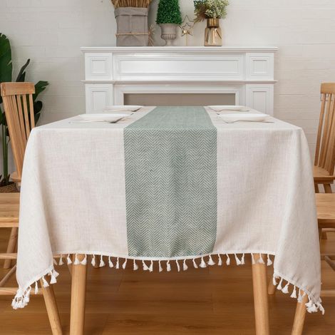 Mantel rectangular de algodón y lino impermeable y antiarrugas con borlas para mesa de cocina o comedor de estilo rústico, color verde, 140 x 260 cm. (1/5)
