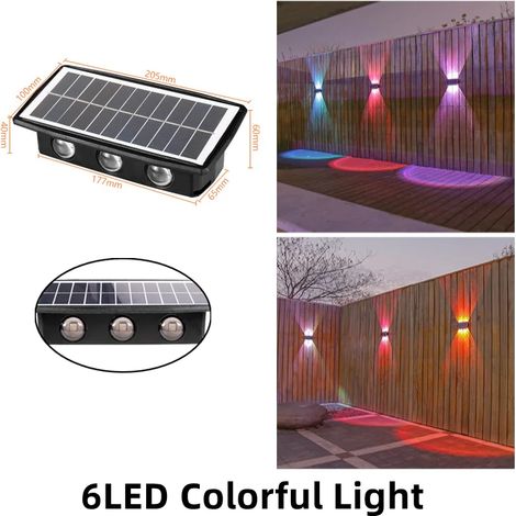 (Lot de 2 lampes solaires murales LED à 6 LED multicolores) Lampe LED extérieure étanche, éclairage lumineux vers le haut et vers le bas, compatible avec murs, porches, balcons, jardins et rues. (1/5)