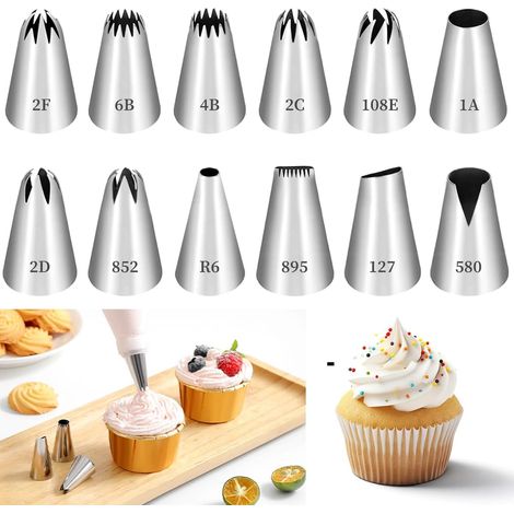 Boquillas profesionales de acero inoxidable para repostería, 12 piezas, boquillas acanaladas para decorar pasteles, cupcakes y galletas – 12 diseños diferentes (1/5)