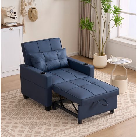 Sofá cama individual (74x87x84 cm), 3 en 1, reclinable en 3 posiciones, con bolsillo lateral, madera y metal, azul (1/5)