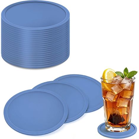 Lot de 20 dessous de verre en silicone, antidérapants, avec bord haut pour protection contre les fuites, résistants à la chaleur, pour table basse, table à manger et bar, bleu foncé (1/5)