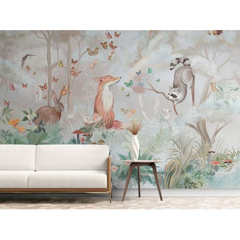 Papier Peint Forêt - Animaux enchantés et papillons - 150 x 250 cm (1/2)