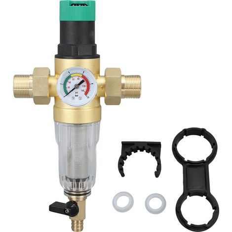Régulateur de pression d'eau, réducteur de filtre en laiton et acier inoxydable avec jauge, adaptateur de 3/4 pouces pour camping-car et maison (1/5)