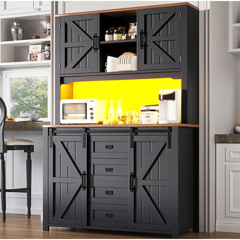 MEUBLIV Buffet de cuisine haut 115x40x174,7 cm noir – portes coulissantes et LED (1/5)