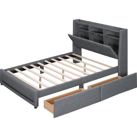 Polsterbett Doppelbett mit USB, Verstellbarer LED und Stauraum, 140 × 200 cm, ohne Matratze, Leinen Grau (1/5)
