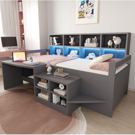 Lit enfant 90x200 cm Lit simple avec bureau rangements intégrés, éclairage LED, ports USB,bois gris (1/5)