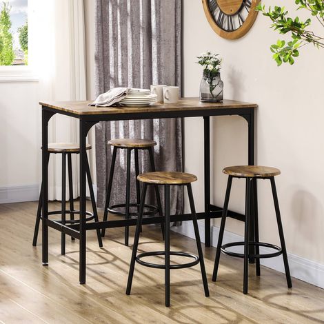 Table haute industrielle 110x50 cm avec 4 tabourets, ensemble bar cuisine métal bois brun (1/5)