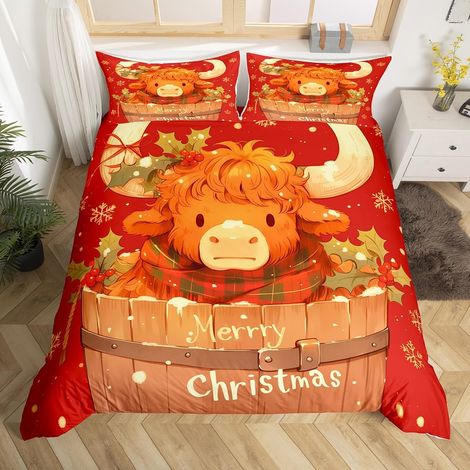 Belle Vache Imprimé Literie Set 140x200 Bonne Année Housse de Couette Garçons Filles Enfants Décorations de Noël Parure de Lit Joyeux Noël Couvre Lit Veille de Noël Literie - 140x200cm + 1 Taie Oreill (1/5)