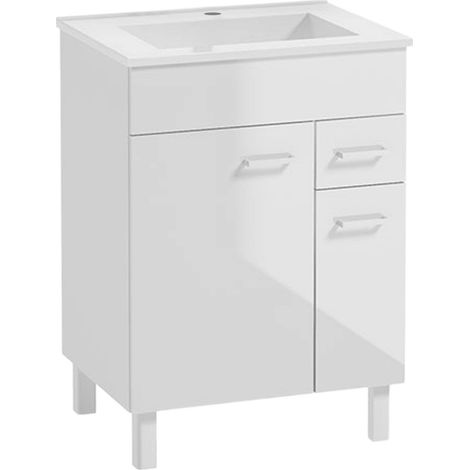 Waschtischunterschrank mit Waschbecken – 60 x 46 cm – Hochglanzweiß – Mit Ablage und Schublade – Keramikwaschbecken