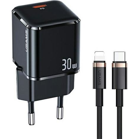 Cargador de pared USB-C USAMS Power Delivery de 30 W, color negro + cable USB-C a Lightning