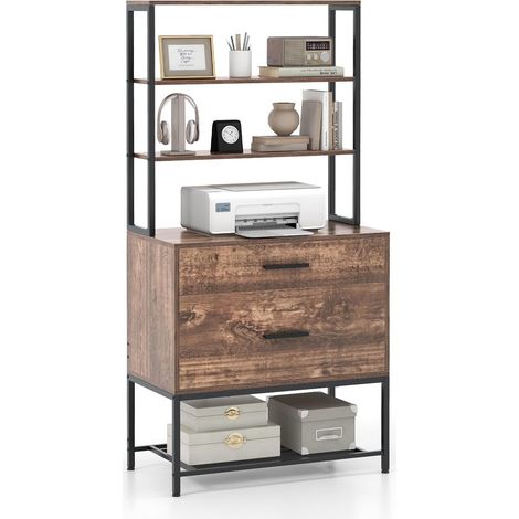 COSTWAY Cassion Bureau avec Bibliothèque 3 Niveaux, Supports Imprimantes, Meuble Rangement Bureau pour Lettre A4 Légale, Caisson de Rangement pour Salon (Marron rustique) (1/5)