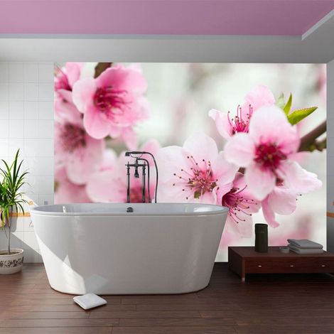 Papier peint cerisier en fleurs avec petites fleurs roses - 350 x 270 cm (1/4)