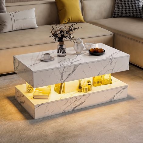 Couchtisch 100x50x45cm – Couchtisch in Marmoroptik mit RGB-LED-Beleuchtung und 2 Schubladen – Modernes Wohnzimmerdesign – Weiß