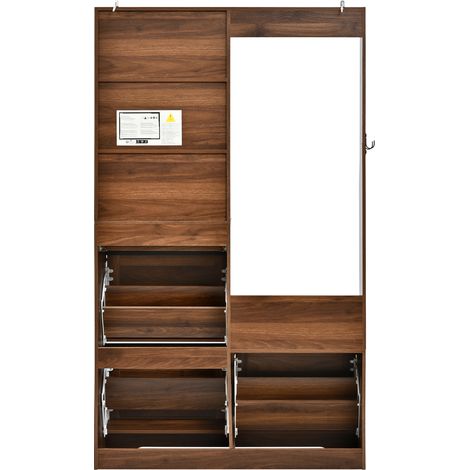Garderobe d'entrée multifonctionnelle avec banc, rangements chaussures et patères, façade en rotin, MDF couleur noyer (1/5)