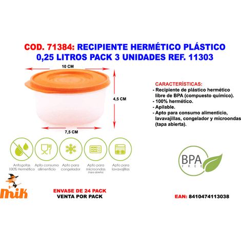 Recipiente hermético plástico 0,25 litros pack 3 unidades