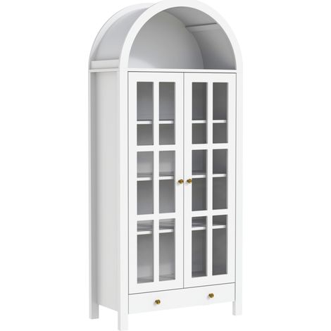 Vitrina arqueada blanca de MDF con puertas acrílicas, estantes y cajón, 75 x 35 x 170,5 cm