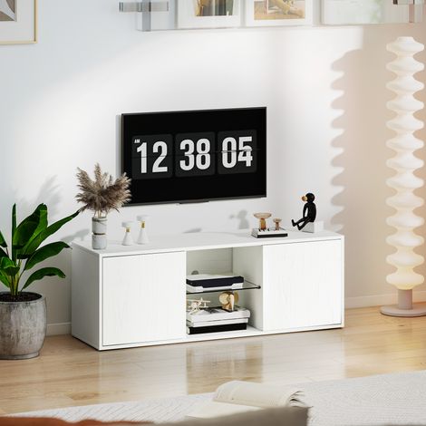 Mobile Porta TV jusqu'à 55" Suspendu ou au Sol, Antes à Fermeture Douce, Passe-câbles et Étagère en Verre, Blanc (1/5)