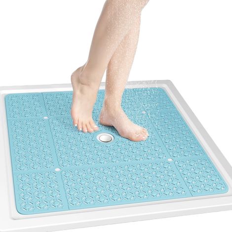 Tapis de douche carré 68,5 x 68,5 cm, en TPE antidérapant avec ventouses et trous d'évacuation, séchage rapide, bleu (1/5)