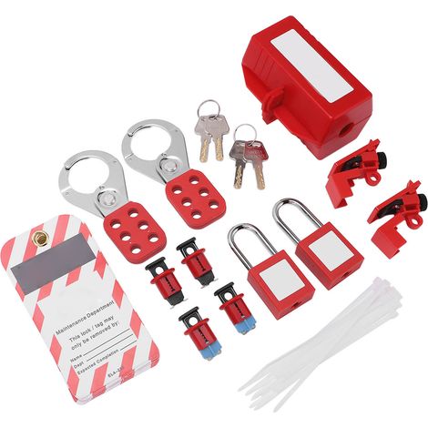 Kit de consignation et d'étiquetage pour disjoncteur électrique, comprenant un cadenas de sécurité, des étiquettes Loto et des moraillons pour applications chimiques industrielles. (1/5)