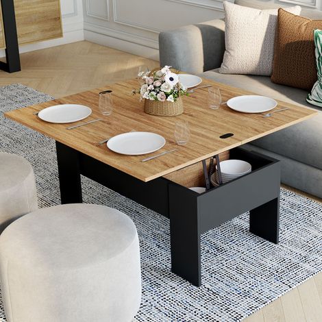Mesa de centro rectangular elevable convertible en mesa de comedor TARA 100 cm madera negra e imitación haya