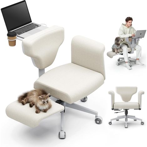Fauteuil Criss Cross à Roulettes et Accoudoirs – Chaise Bureau avec Position Jambes Croisées, Plateau Rétractable, Siège Reclinable et Tissu Imperméable (Abricot). Idéal pour Bureau Domicile, Chambre 